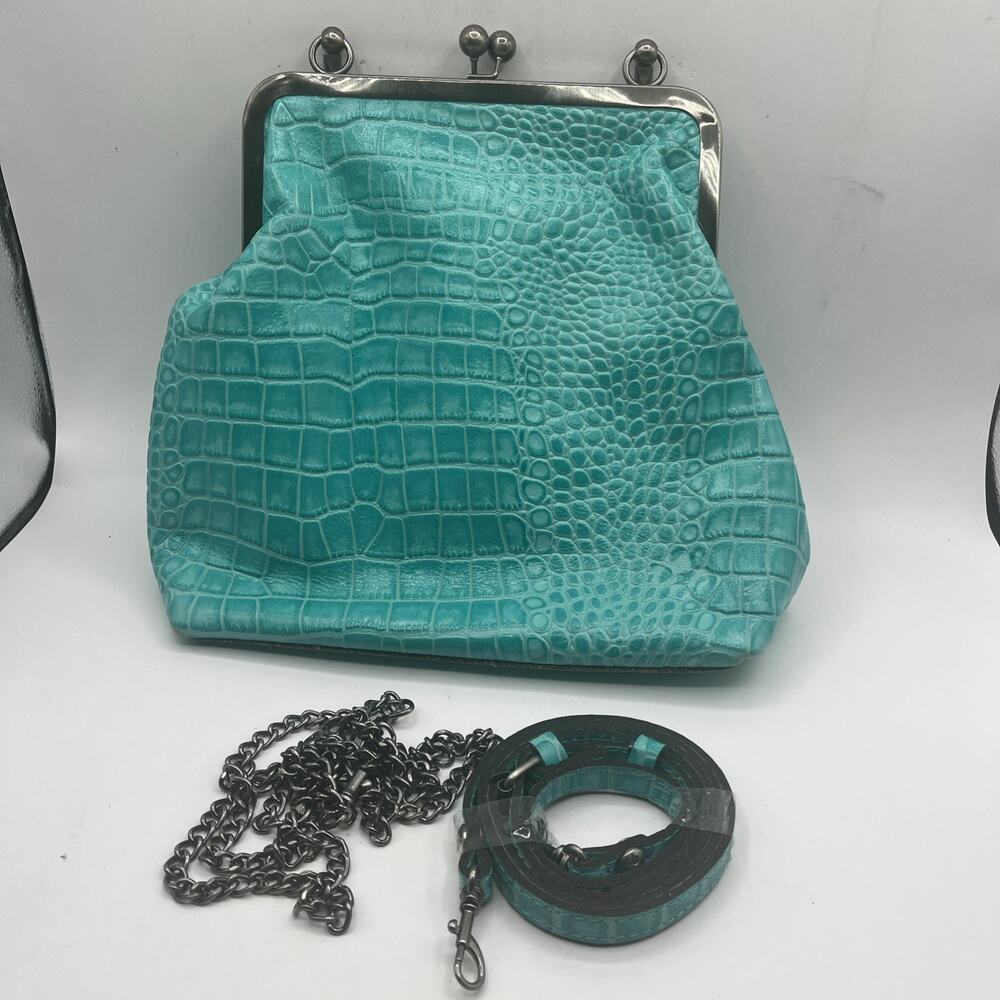 Patricia Nash NOVELlA Frame Bag Aqua Turquoise Croc Leather Kiss Lock Satchel - Picture 14 of 14